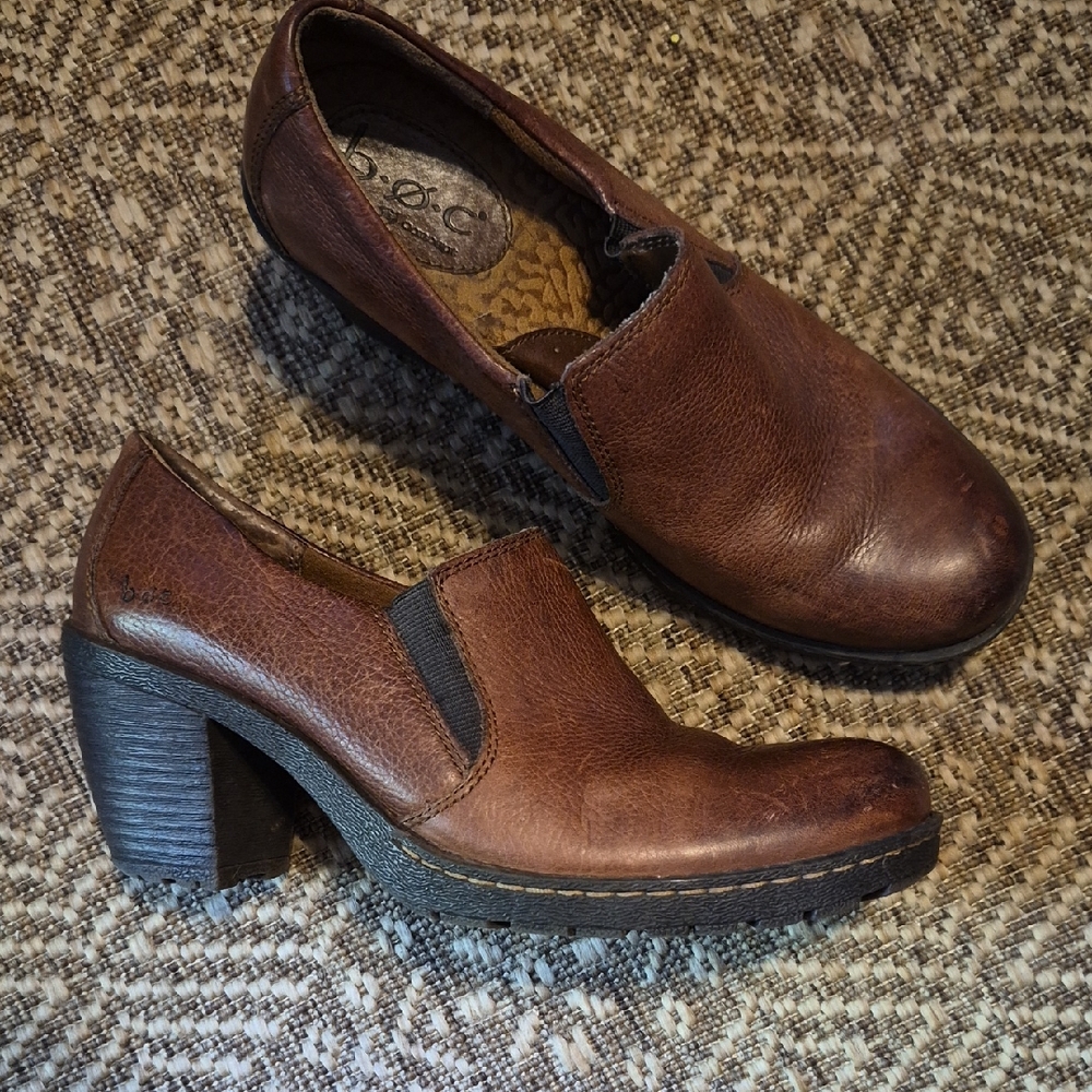 B.O.C. Brown Leather Slip-On Chunky Heel Booties
